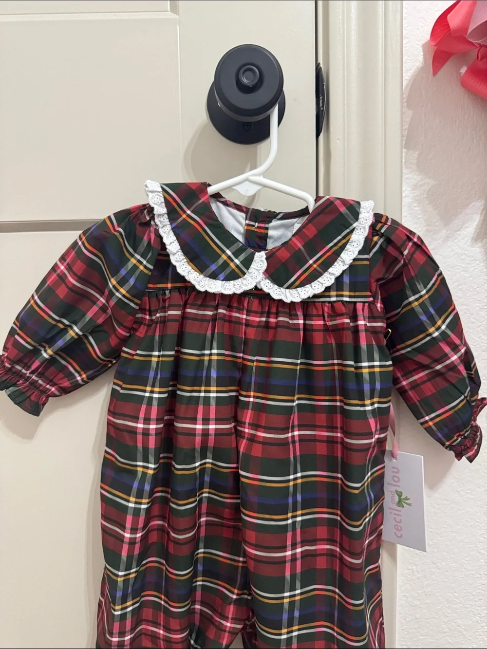 Cecil and Lou Classic Plaid One-Piece Romper with Lace Collar - Red & Green